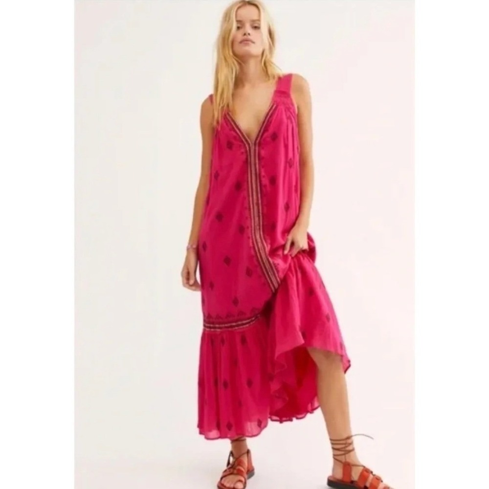 Free People Nomadic Dreams Embroidered Maxi Dress Women XL Pink Boho Beach Flowy